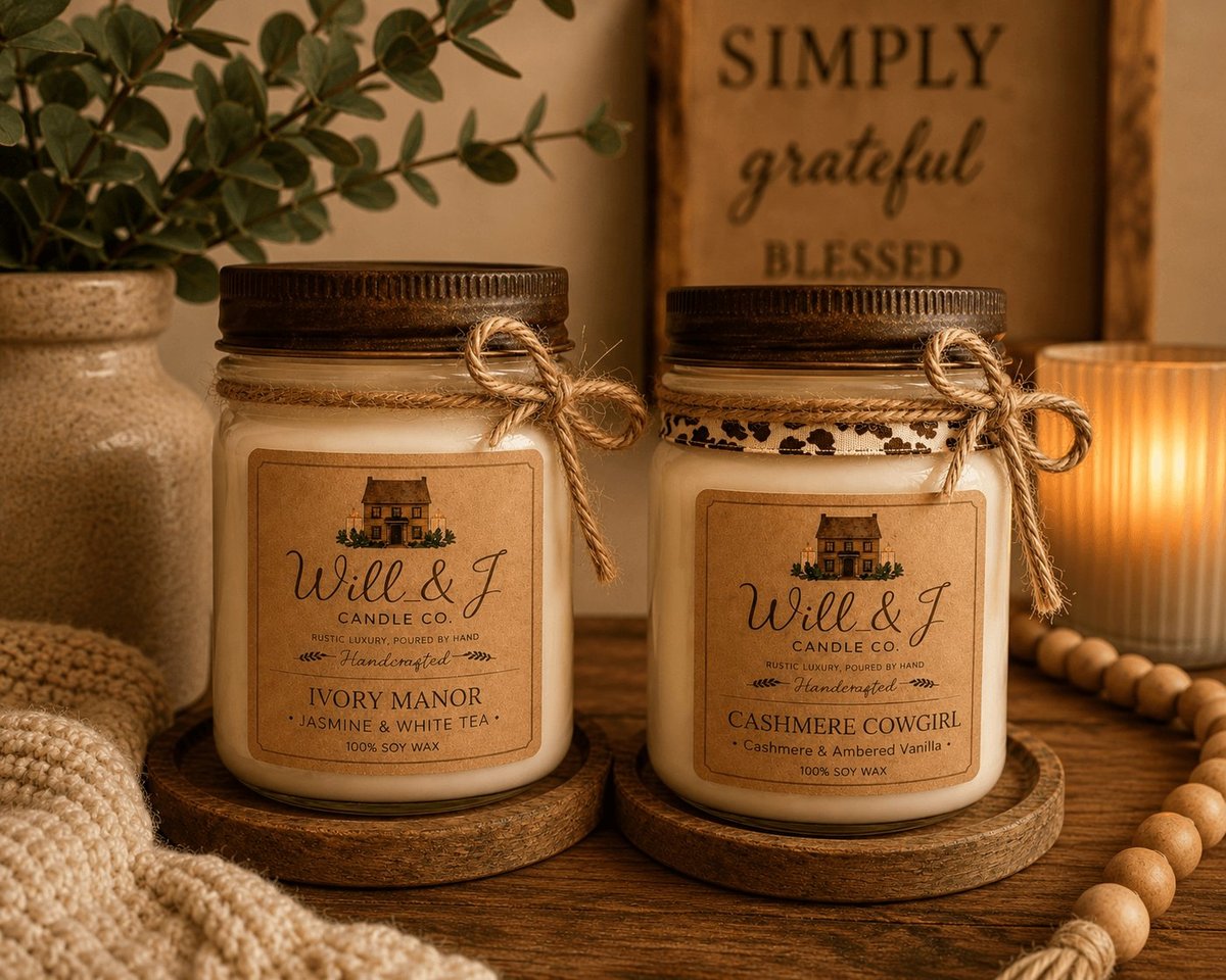 Two Will & J scented candles on wooden coasters with twine bows, flanked by greenery, books, and decorative beads on a warm wooden surface